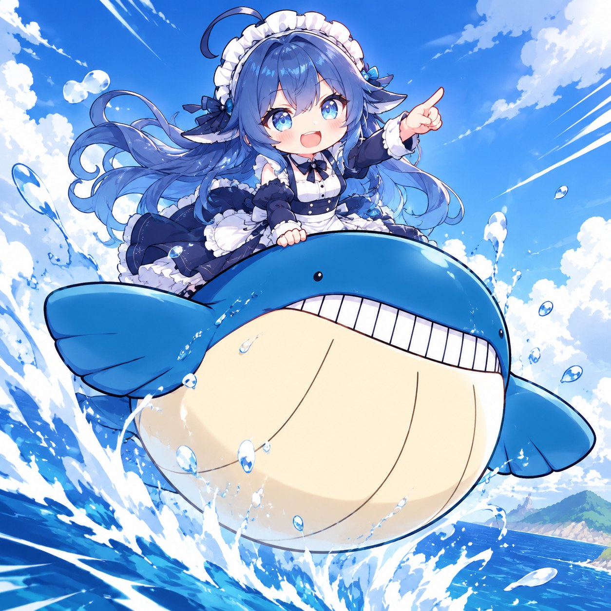 鲸鱼娘骑着蓝色鲸鱼跃出海面